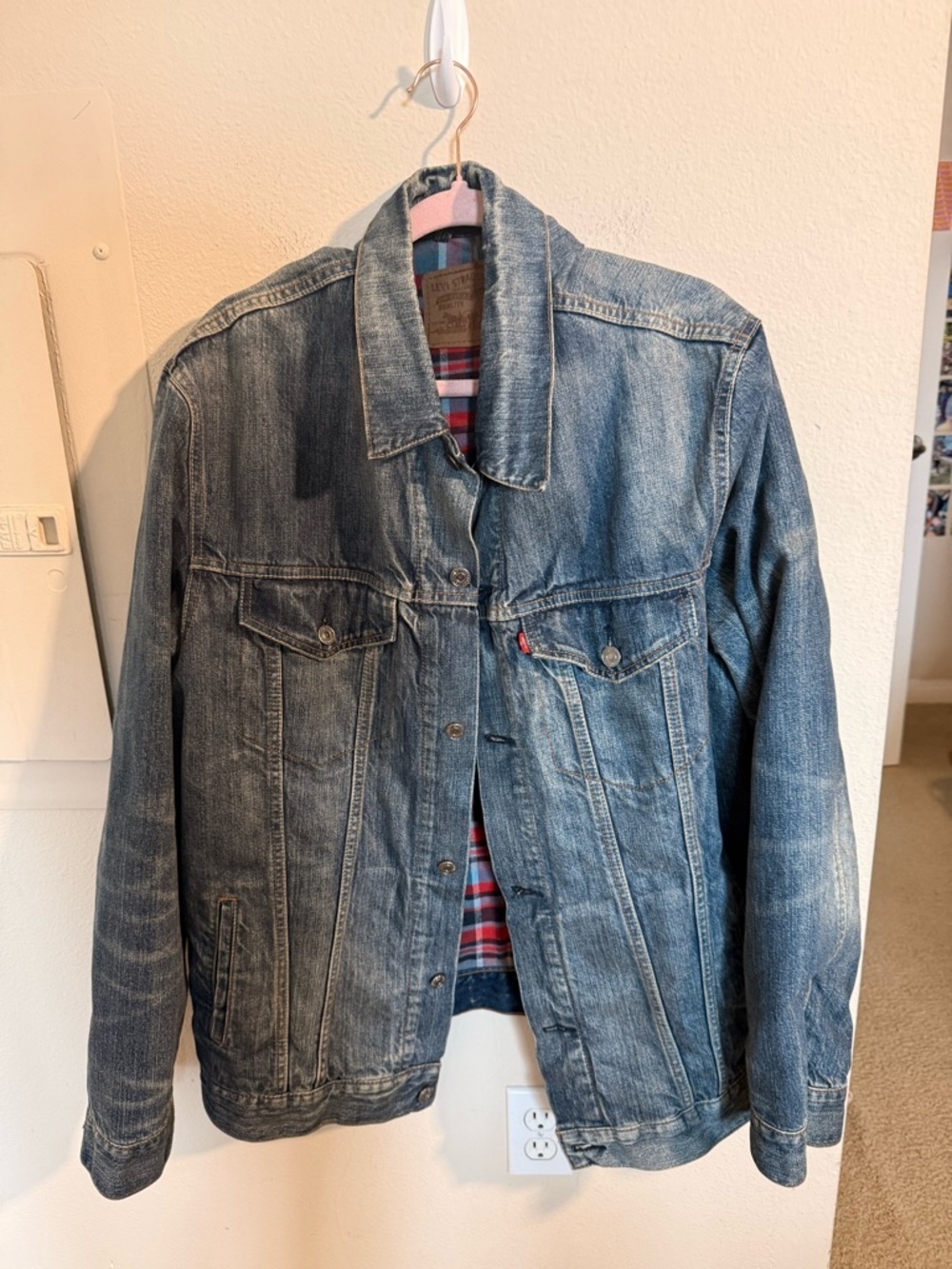 Levi’s Denim Trucker Jacket Plaid Lined Medium Wash Classic Jean Jacket XXL
